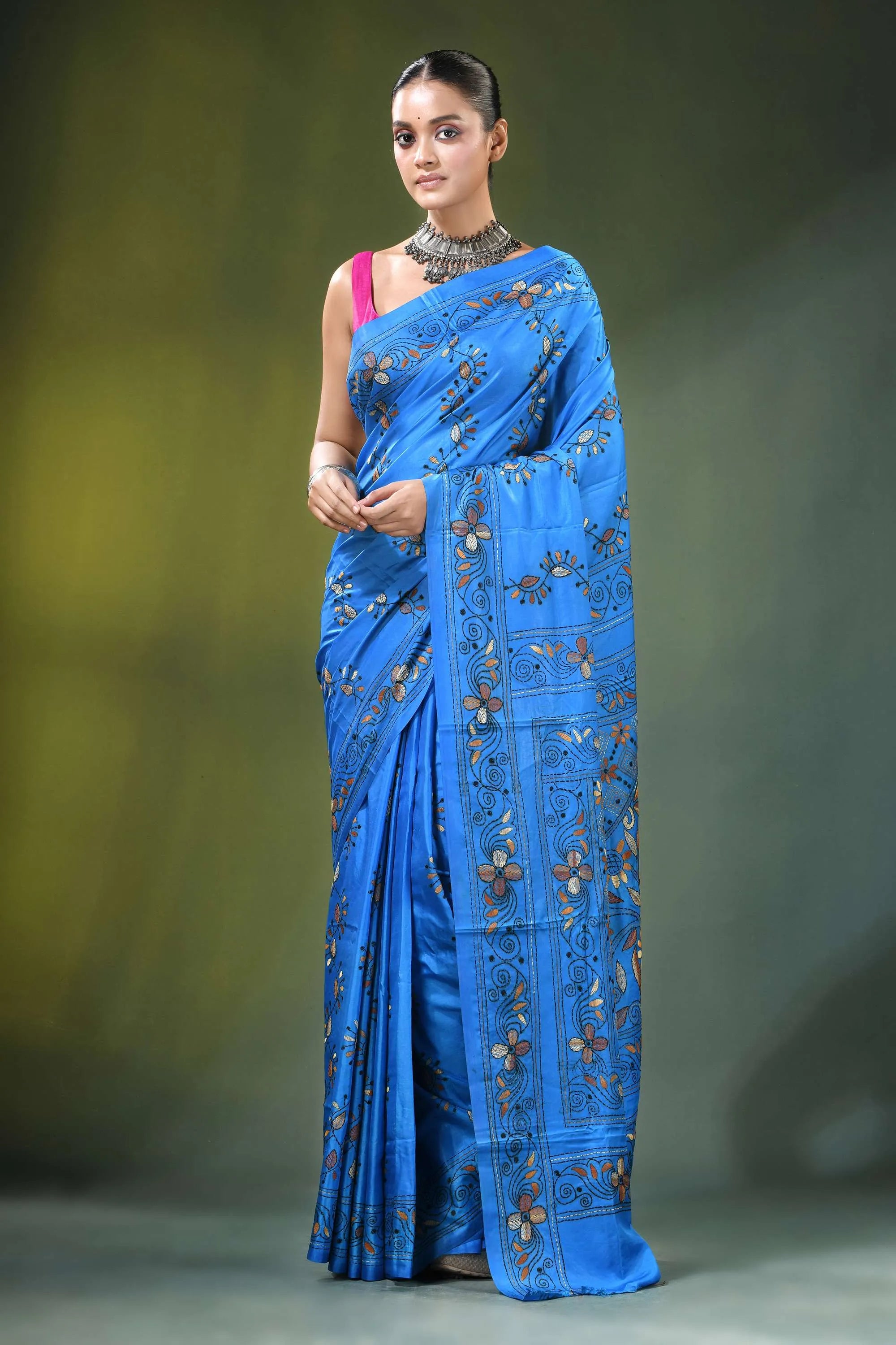 Dodger blue hand embroidered floral kantha silk saree vibrant adorned 1