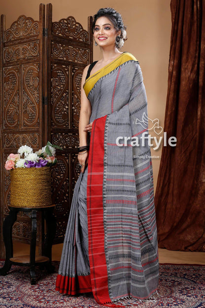 Dove Grey Soft Handloom Cotton Saree-Craftyle