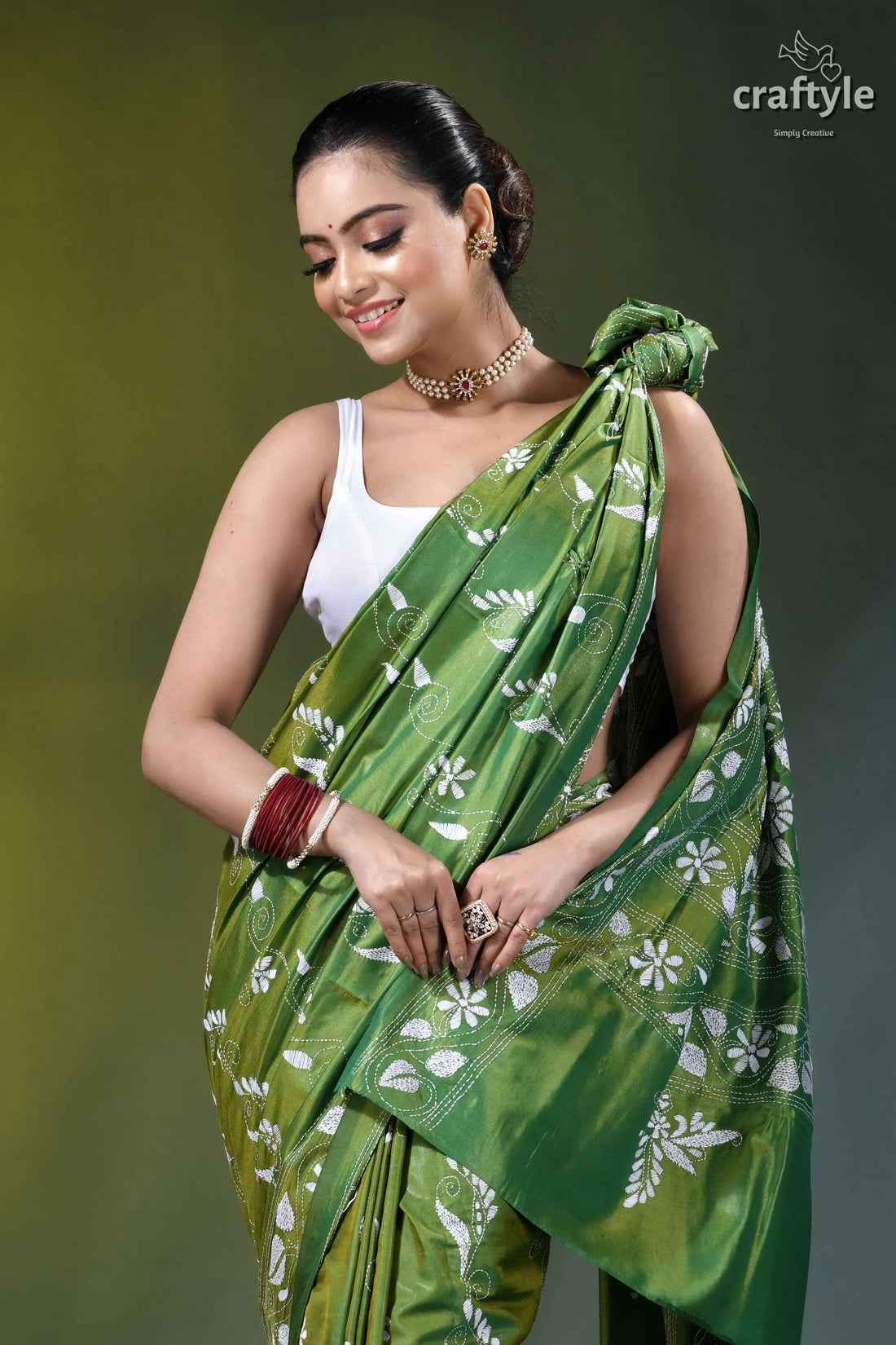 Drab green floral heritage bengal silk kantha stitch saree vibrant green silk saree adorned 2
