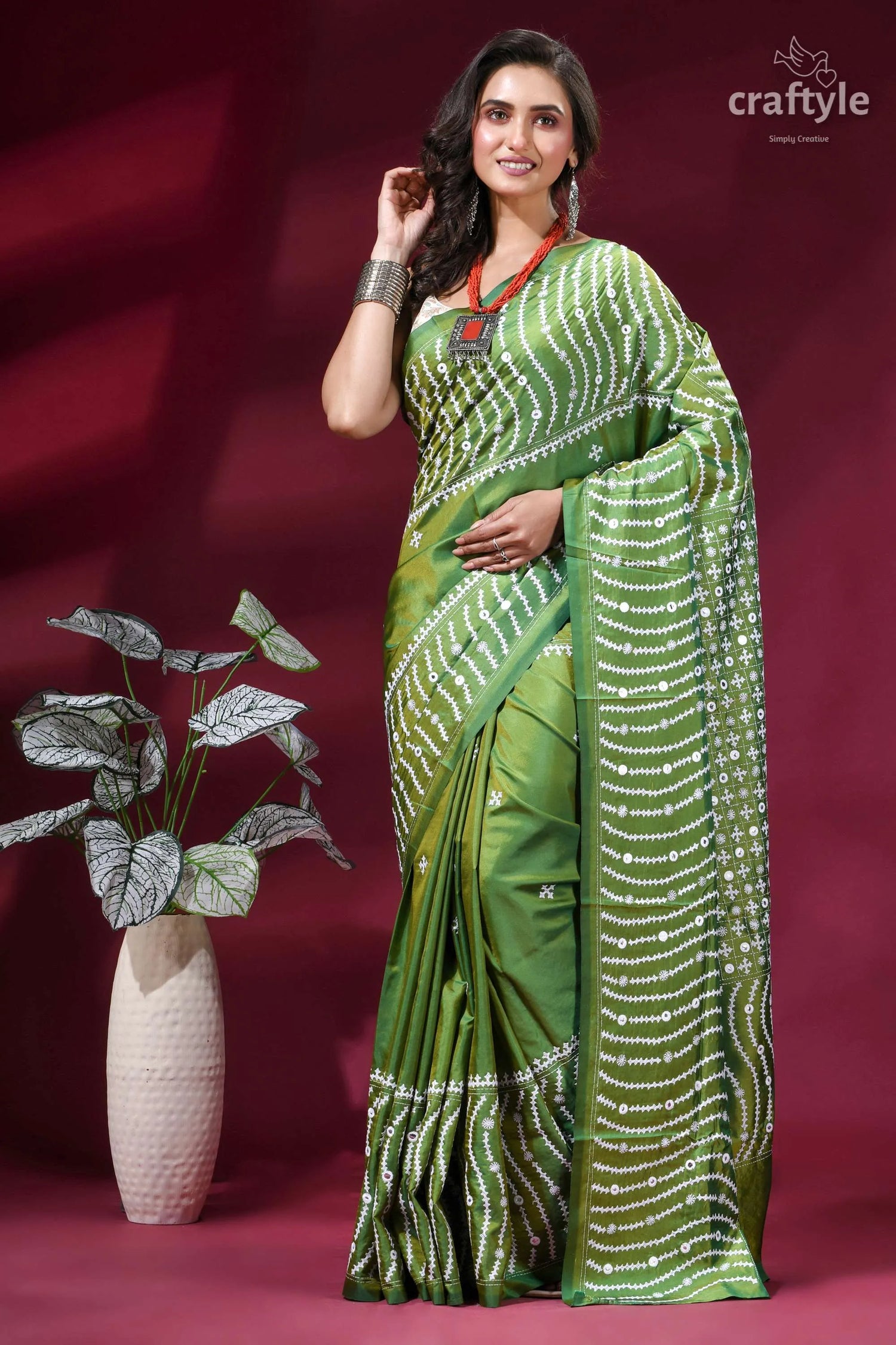 Drab green intricate gujrati stitch silk saree with mirror work vibrant green saree adorned intricate 6