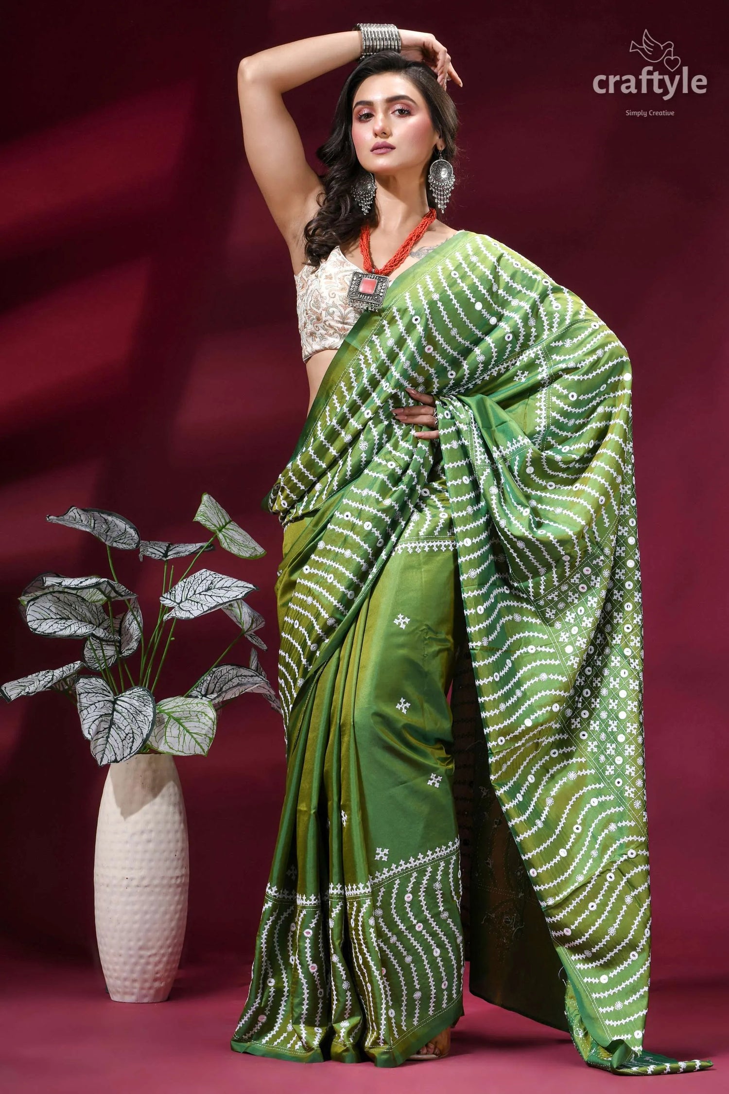 Drab green intricate gujrati stitch silk saree with mirror work vibrant green saree intricate white 4