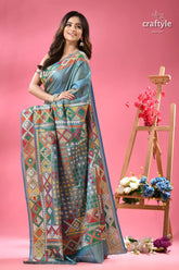 Dualtone multicolor silk kutch work embroidery saree woman vibrant blue multi colored patterned 3