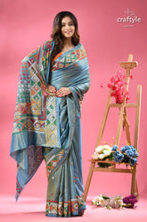 Dualtone multicolor silk kutch work embroidery saree woman light blue saree colorful 4