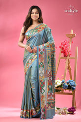 Dualtone multicolor silk kutch work embroidery saree light blue silk saree colorful 7