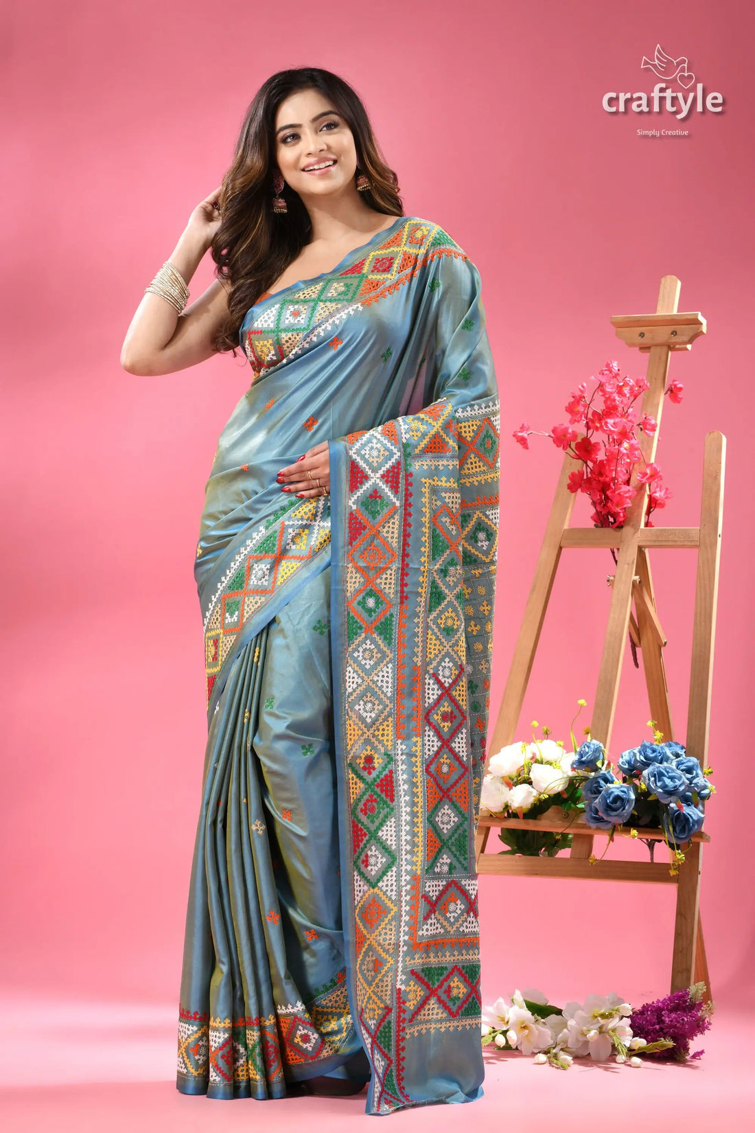 Dualtone multicolor silk kutch work embroidery saree woman light blue silk saree 1