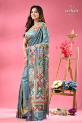 Dualtone multicolor silk kutch work embroidery saree light blue saree colorful geometric 6