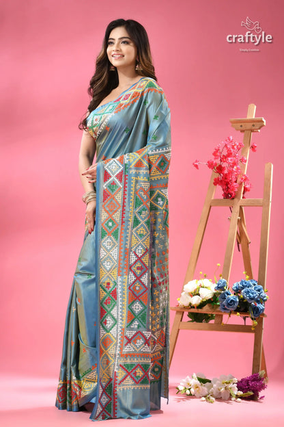 Dualtone multicolor silk kutch work embroidery saree light blue saree colorful geometric 6
