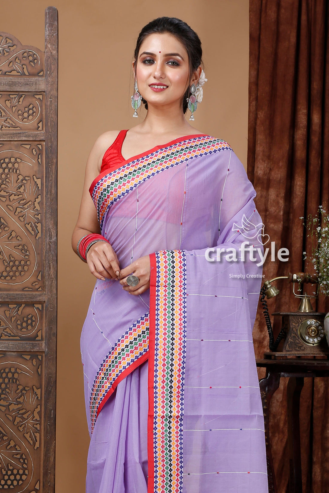 Dull Lavender Blue Handloom Cotton Saree with Woven Border - Perfect for Any Occasion-Craftyle