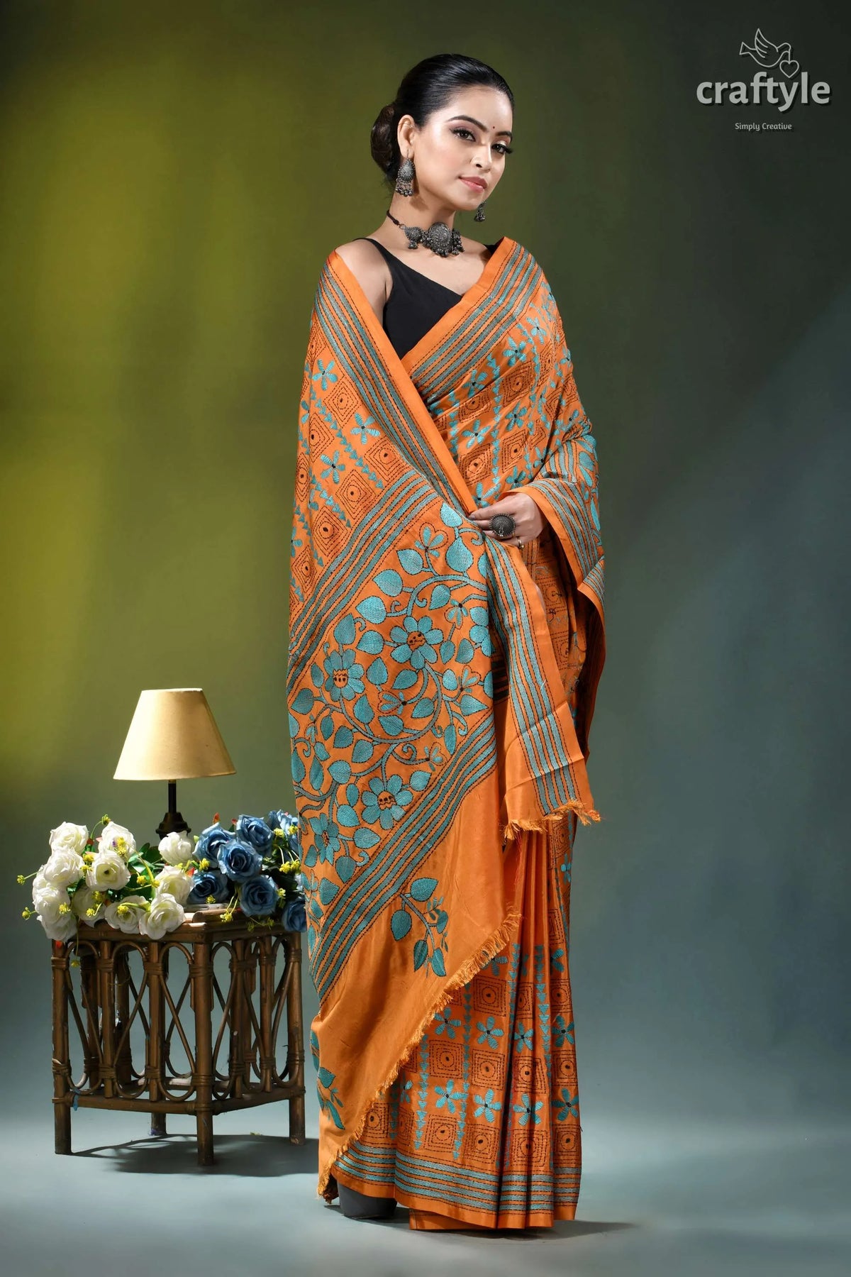 Dull Orange Floral Pattern Hand Embroidered Silk – Craftyle