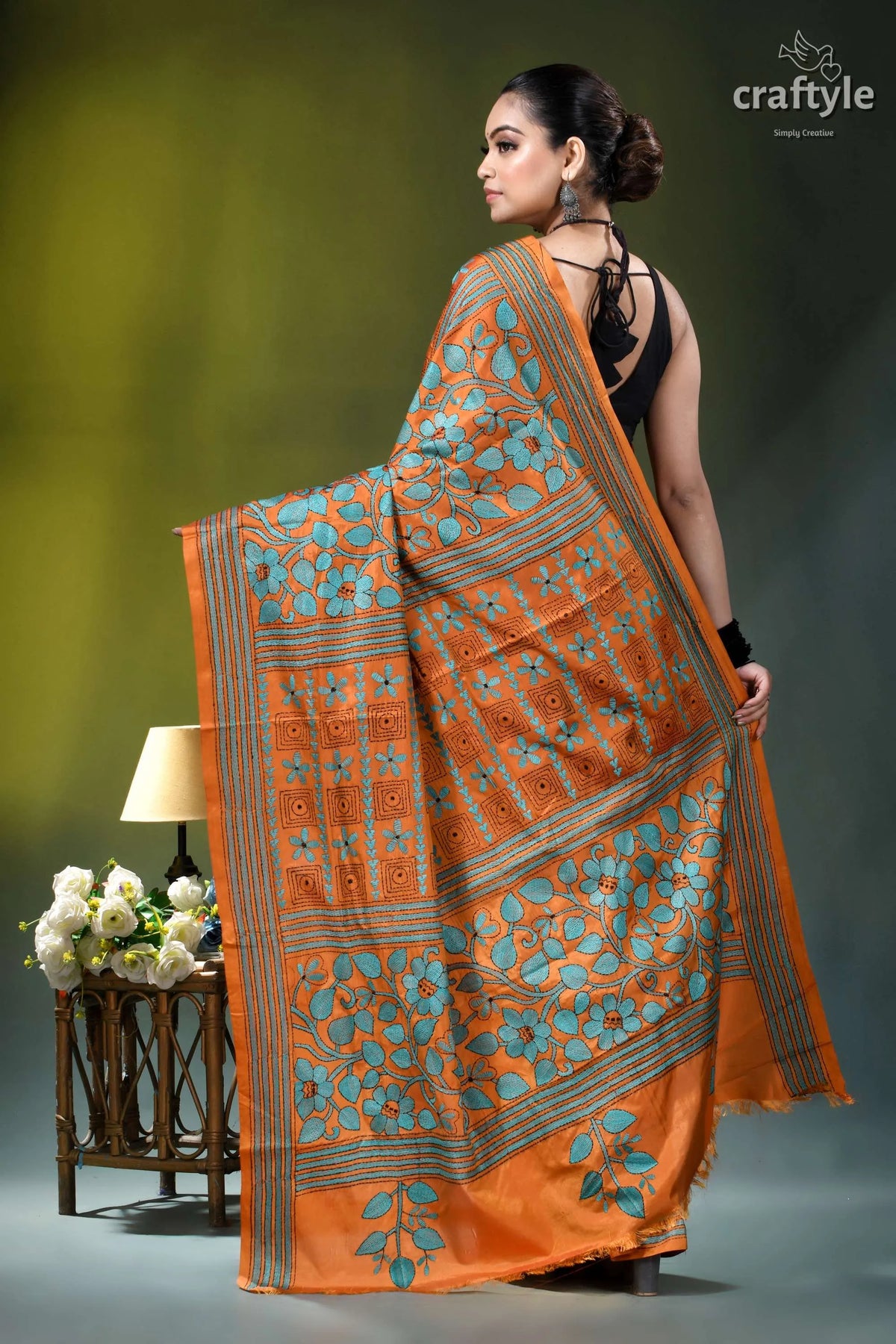 Dull Orange Floral Pattern Hand Embroidered Silk – Craftyle