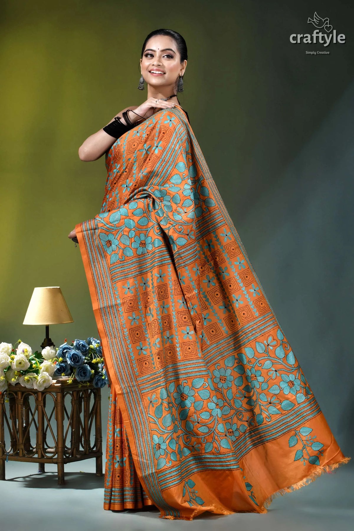 Dull Orange Floral Pattern Hand Embroidered Silk – Craftyle