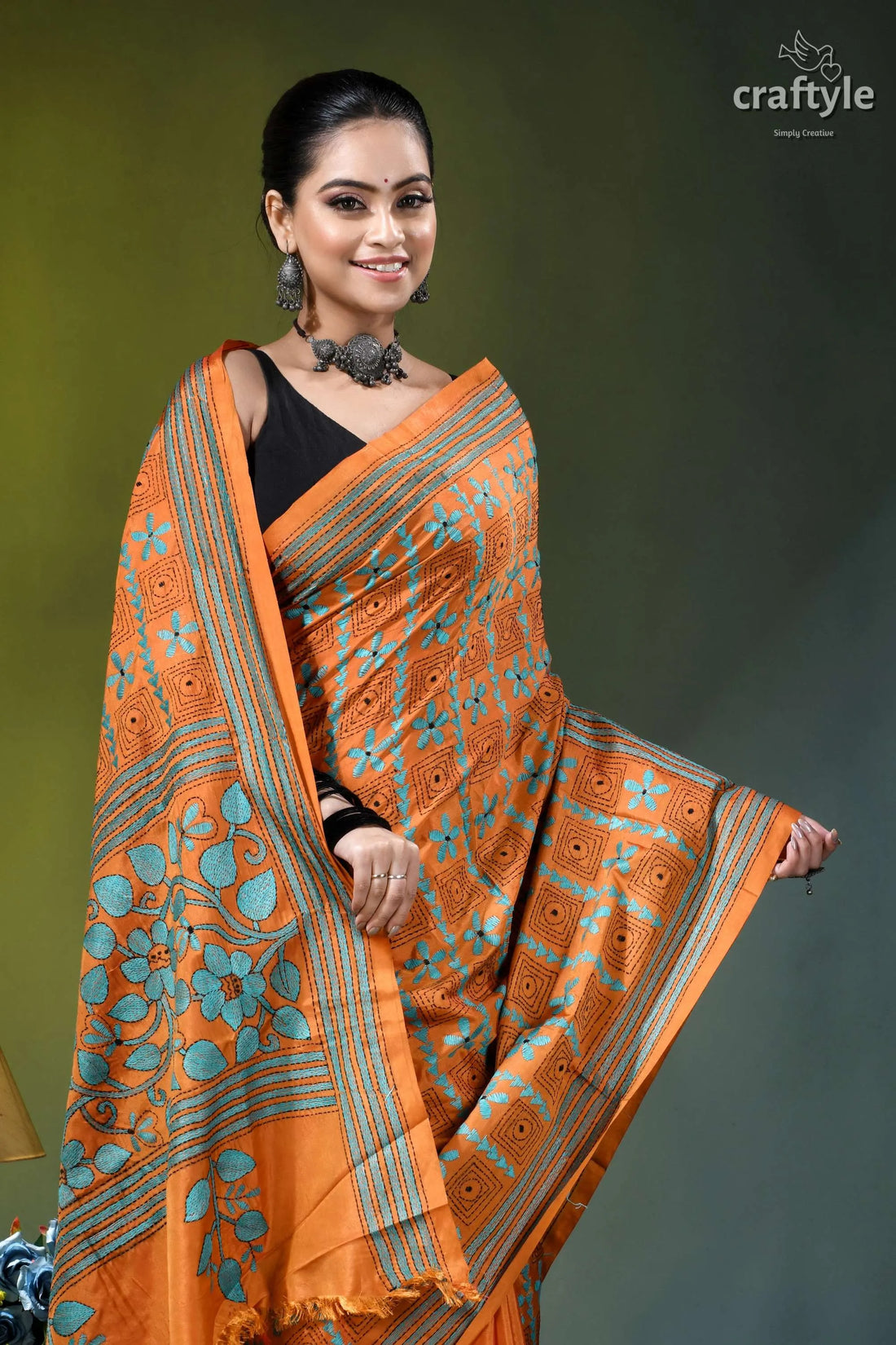 Dull orange floral pattern hand embroidered silk kantha saree orange saree teal floral geometric 2