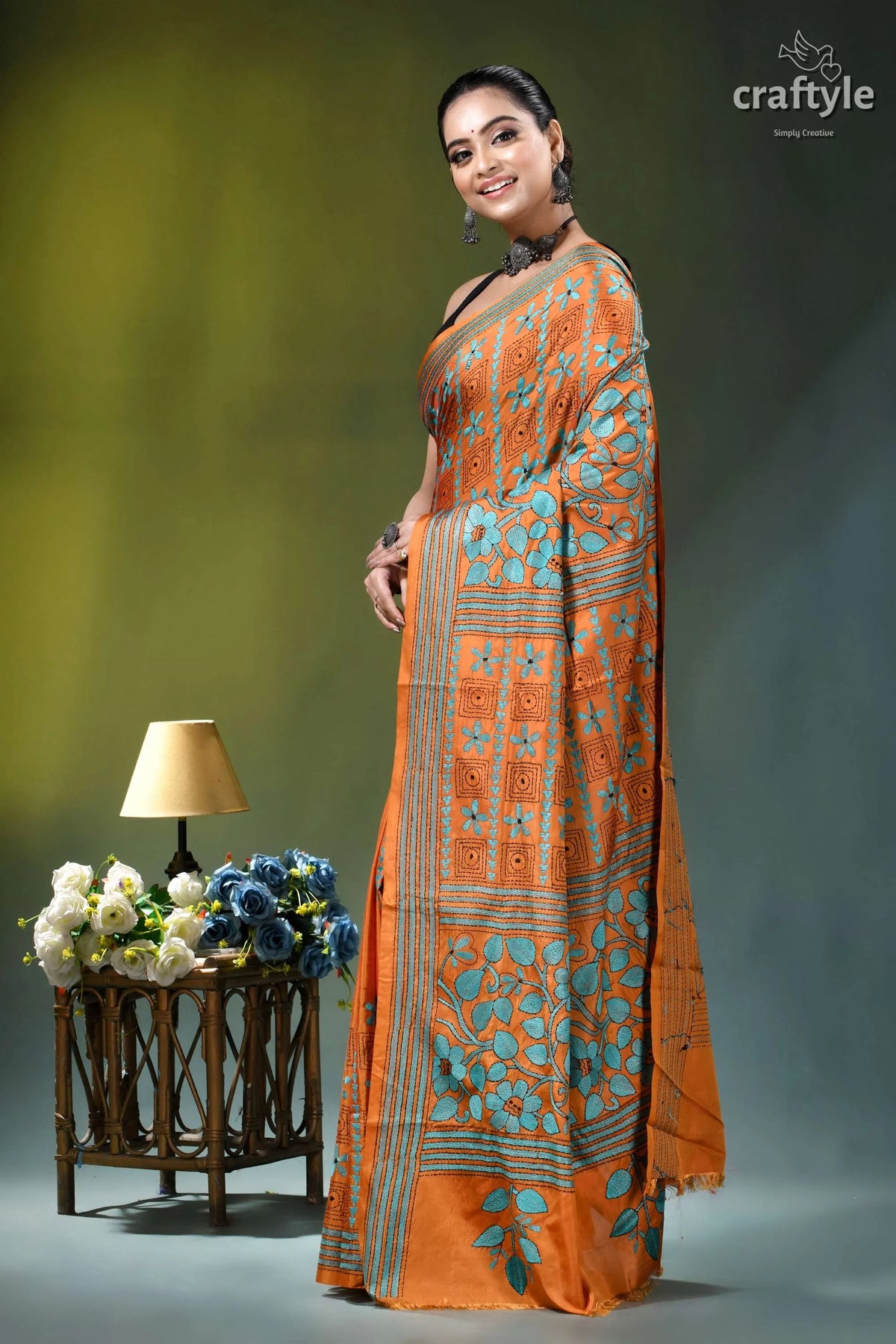 Dull Orange Floral Pattern Hand Embroidered Silk – Craftyle