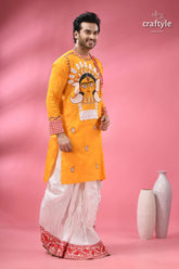 Durga ma hand painted cotton panjabi for men with kantha embroidery men’s yellow kurta traditional motif 4