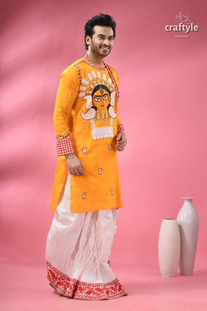 Durga ma hand painted cotton panjabi for men with kantha embroidery men’s yellow kurta traditional motif 4