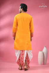 Durga ma hand painted cotton panjabi for men with kantha embroidery men’s bright orange kurta white 7