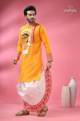Durga ma hand painted cotton panjabi for men with kantha embroidery men’s yellow kurta hand painted durga 5