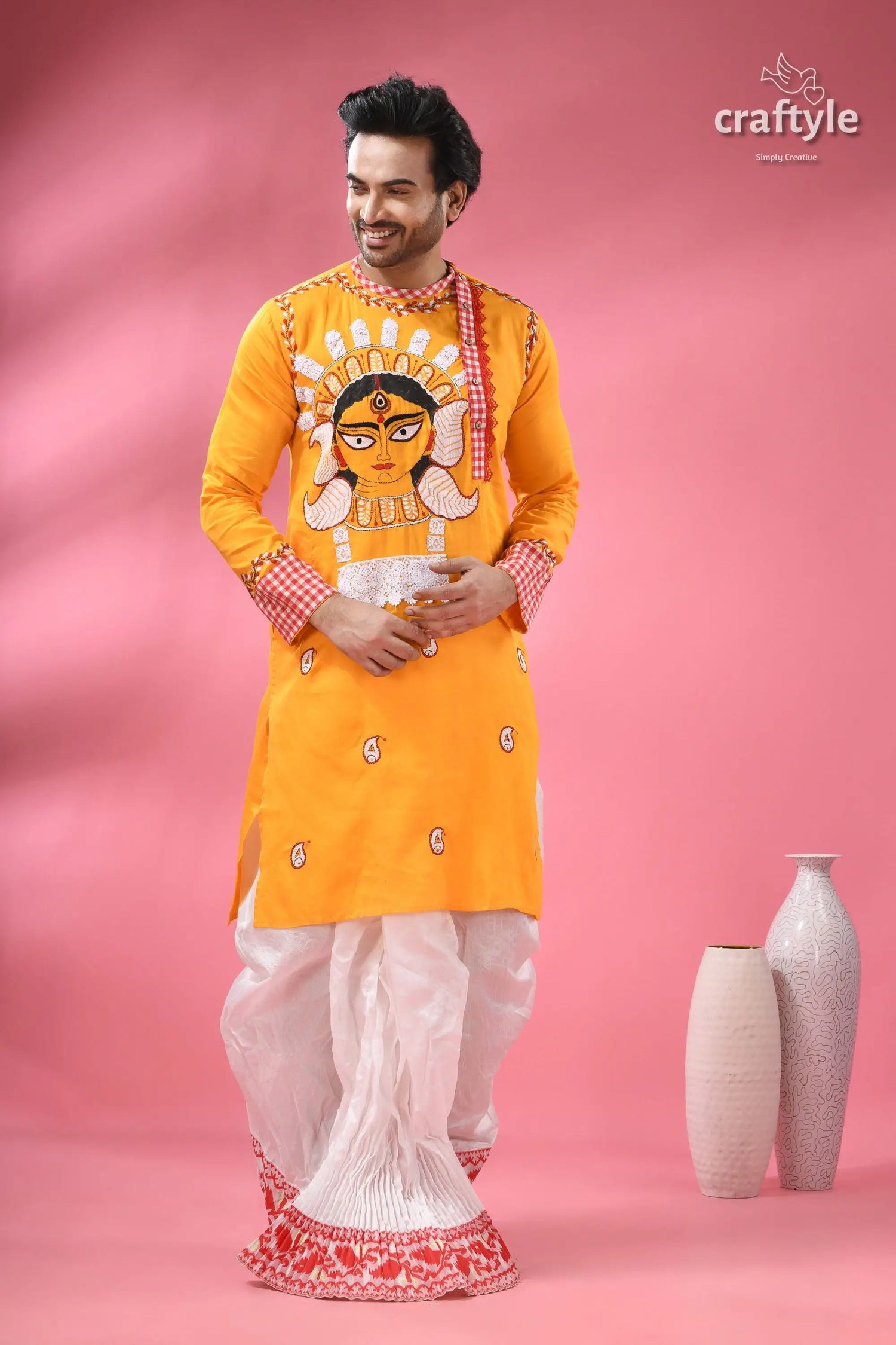 Durga ma hand painted cotton panjabi for men with kantha embroidery men’s yellow kurta painted durga 3