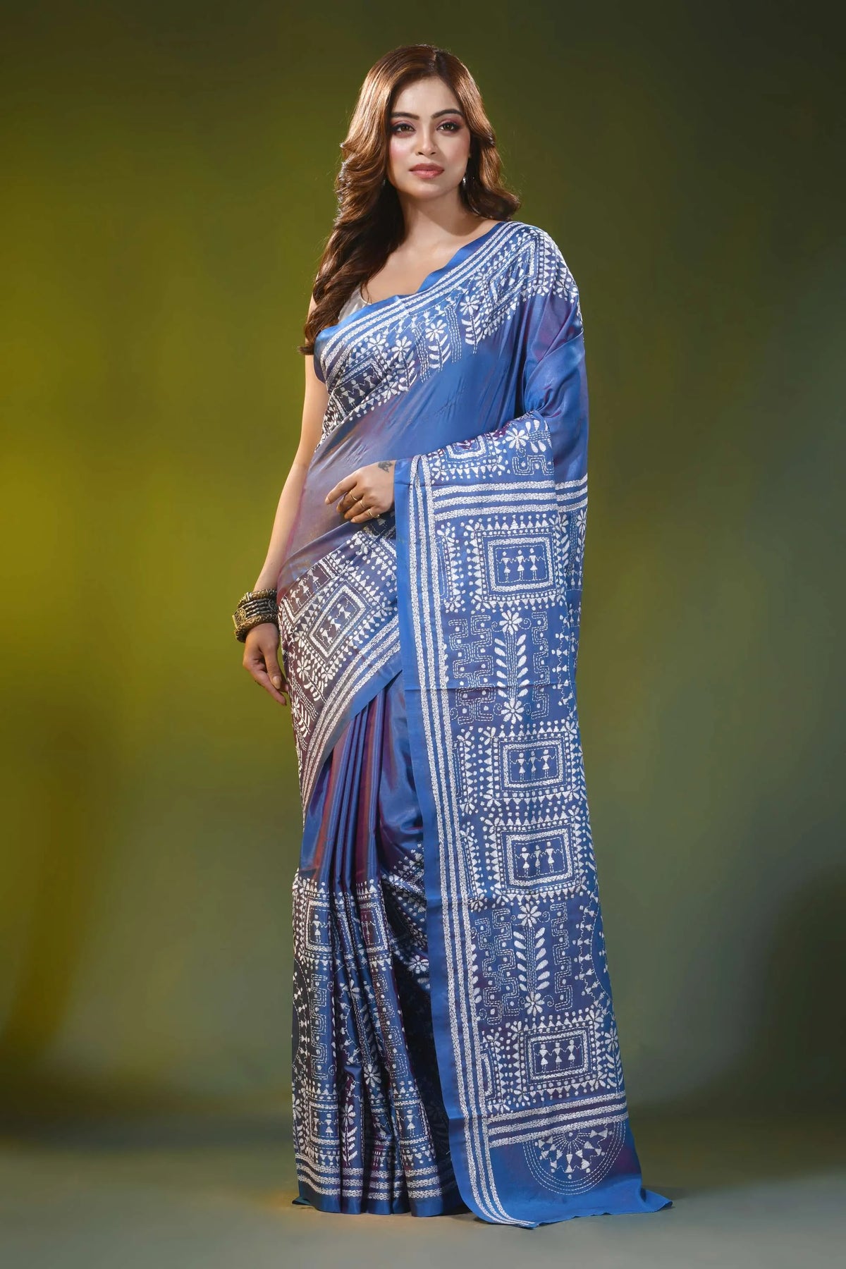 Dusk blue kantha embroidery silk saree with ethnic warli design 7