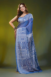 Dusk blue kantha embroidery silk saree with ethnic warli design 6
