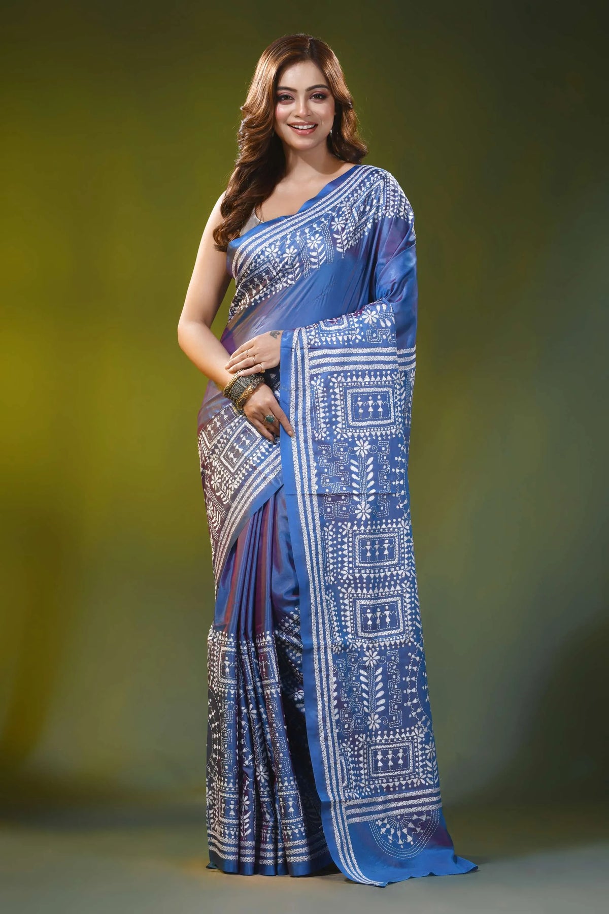 Dusk blue kantha embroidery silk saree with ethnic warli design 1