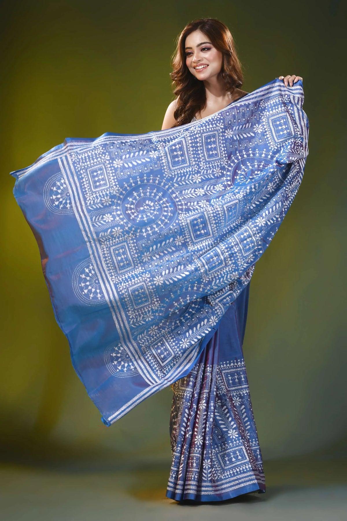 Dusk blue kantha embroidery silk saree with ethnic warli design 4