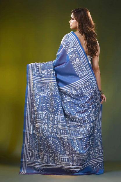 Dusk blue kantha embroidery silk saree with ethnic warli design 5