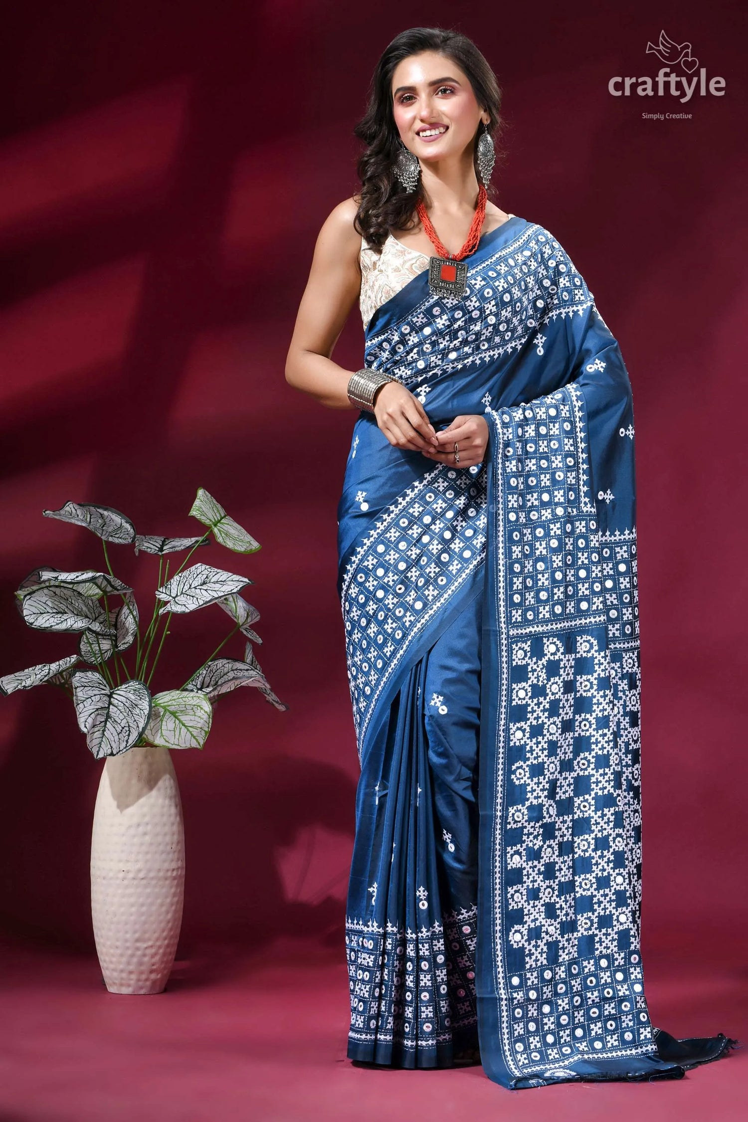 Dusk blue premium silk gujrati stitch saree with mirror work deep blue saree intricate white 7