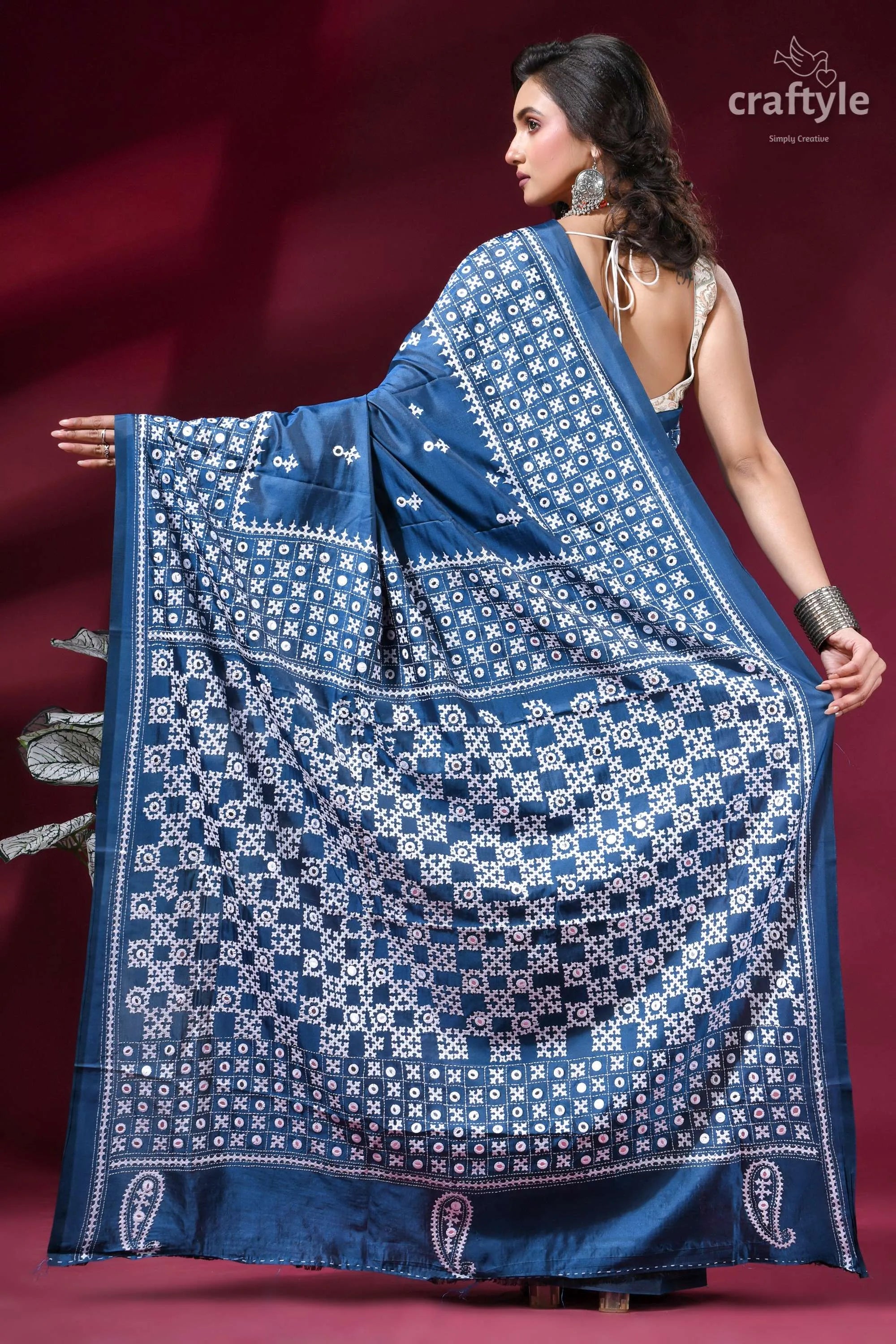 Dusk blue premium silk gujrati stitch saree with mirror work blue silk saree intricate white 5