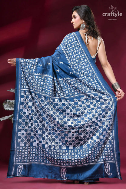 Dusk blue premium silk gujrati stitch saree with mirror work blue silk saree intricate white 5