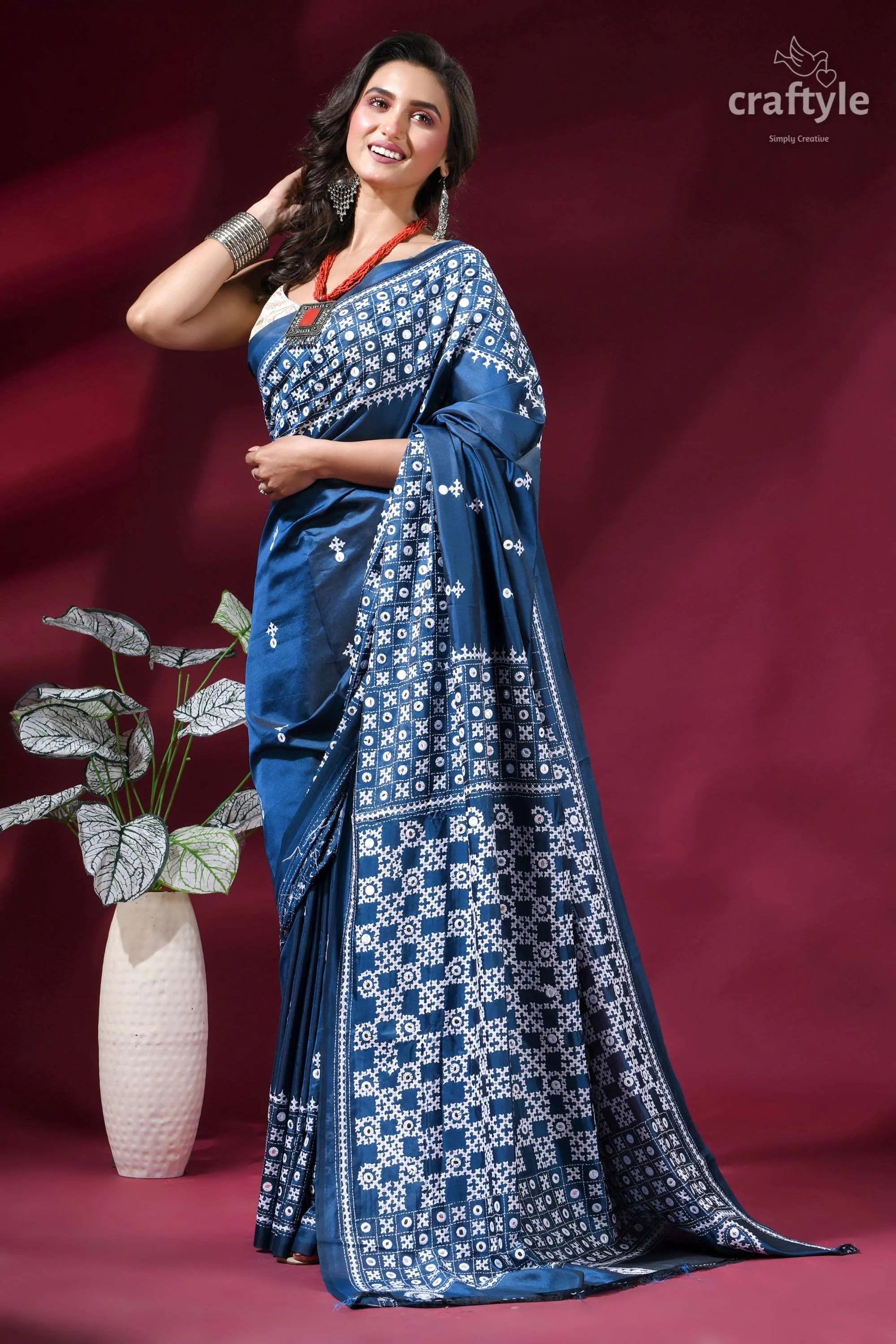 Dusk blue premium silk gujrati stitch saree with mirror work woman wears deep blue saree 4