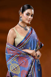 Dusky blue handcrafted gujrati stitch silk saree - multicolor paisley design 2
