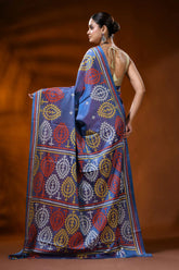 Dusky blue handcrafted gujrati stitch silk saree - multicolor paisley design 5