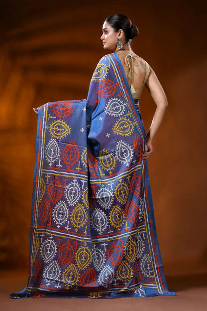 Dusky blue handcrafted gujrati stitch silk saree - multicolor paisley design 5