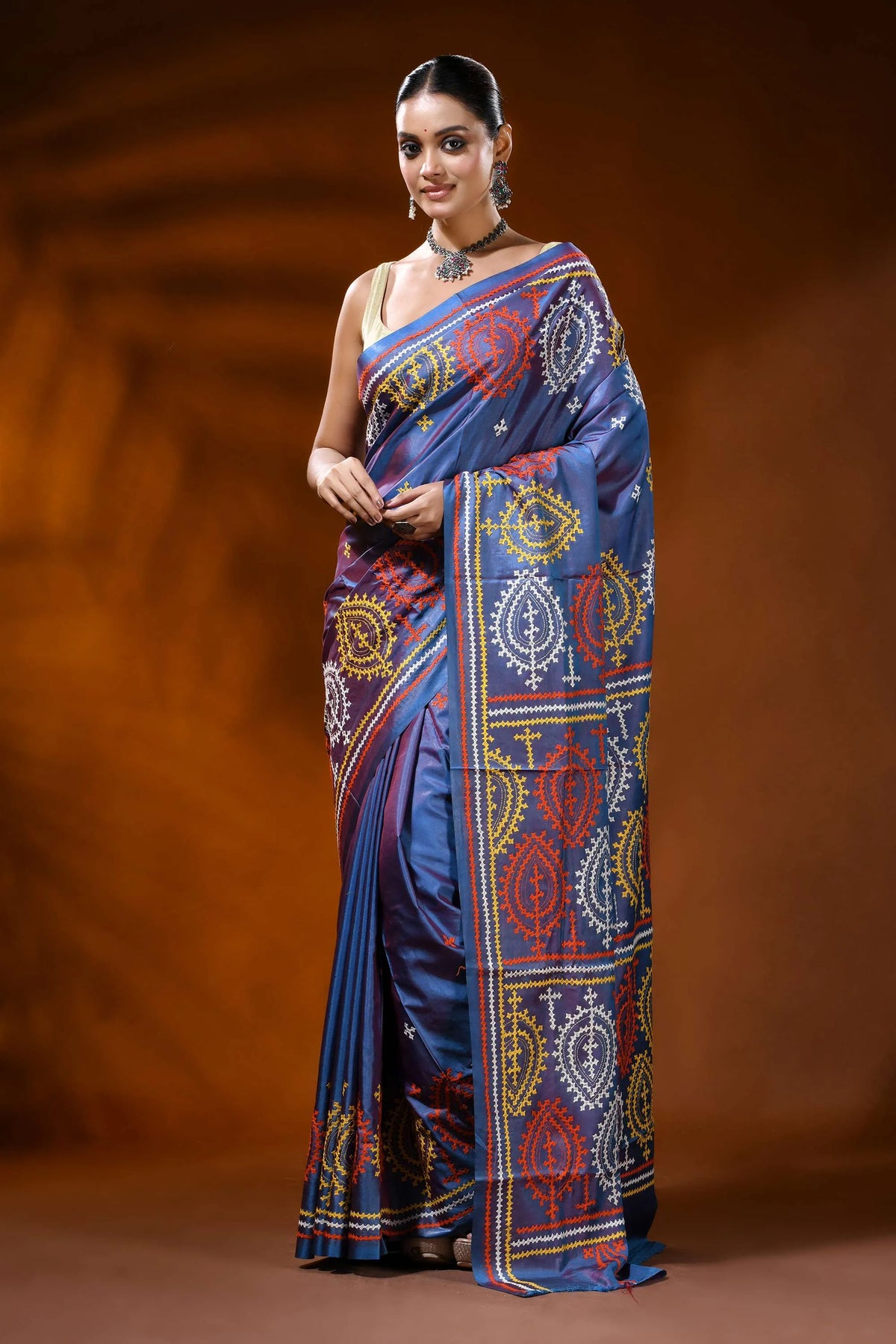 Dusky blue handcrafted gujrati stitch silk saree - multicolor paisley design 6