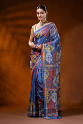 Dusky blue handcrafted gujrati stitch silk saree - multicolor paisley design 6