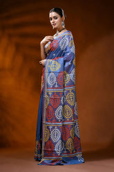 Dusky blue handcrafted gujrati stitch silk saree - multicolor paisley design 3