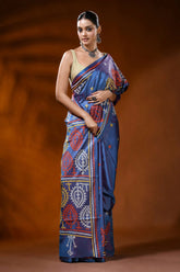Dusky blue handcrafted gujrati stitch silk saree - multicolor paisley design 4