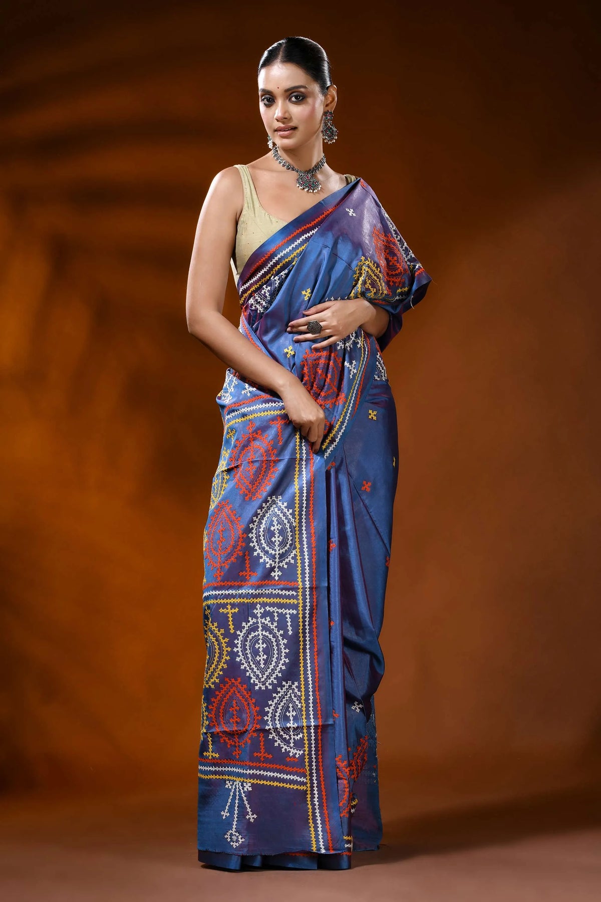 Dusky blue handcrafted gujrati stitch silk saree - multicolor paisley design 4