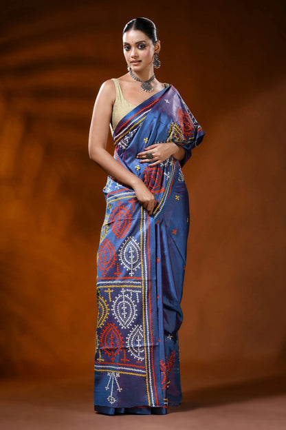 Dusky blue handcrafted gujrati stitch silk saree - multicolor paisley design 4