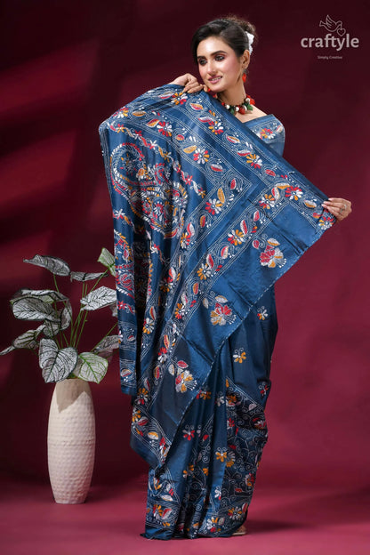 Dusky blue multi-thread elegant kantha stitch silk sari deep blue silk saree adorned 5