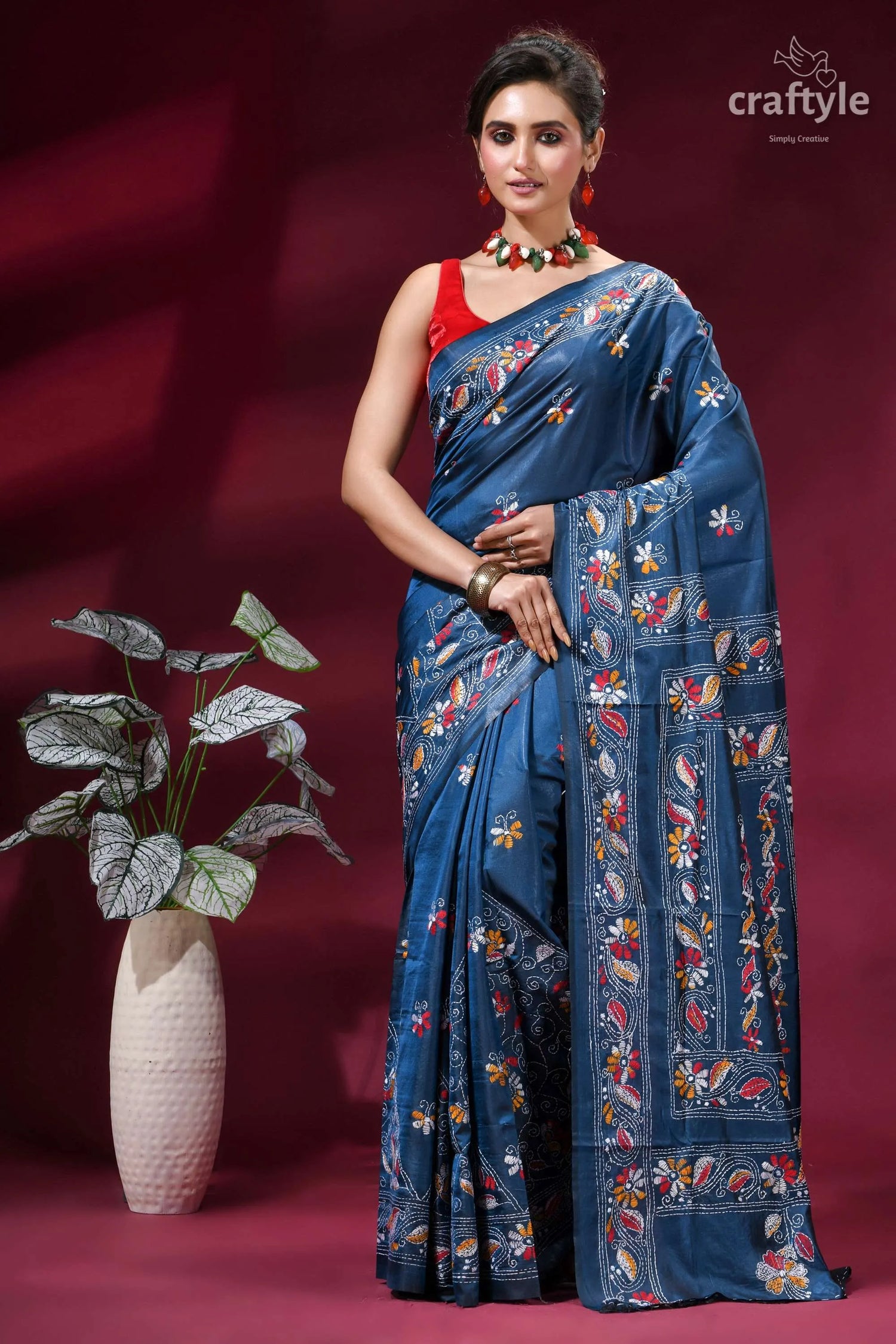 Dusky blue multi-thread elegant kantha stitch silk sari deep blue silk saree intricate 1