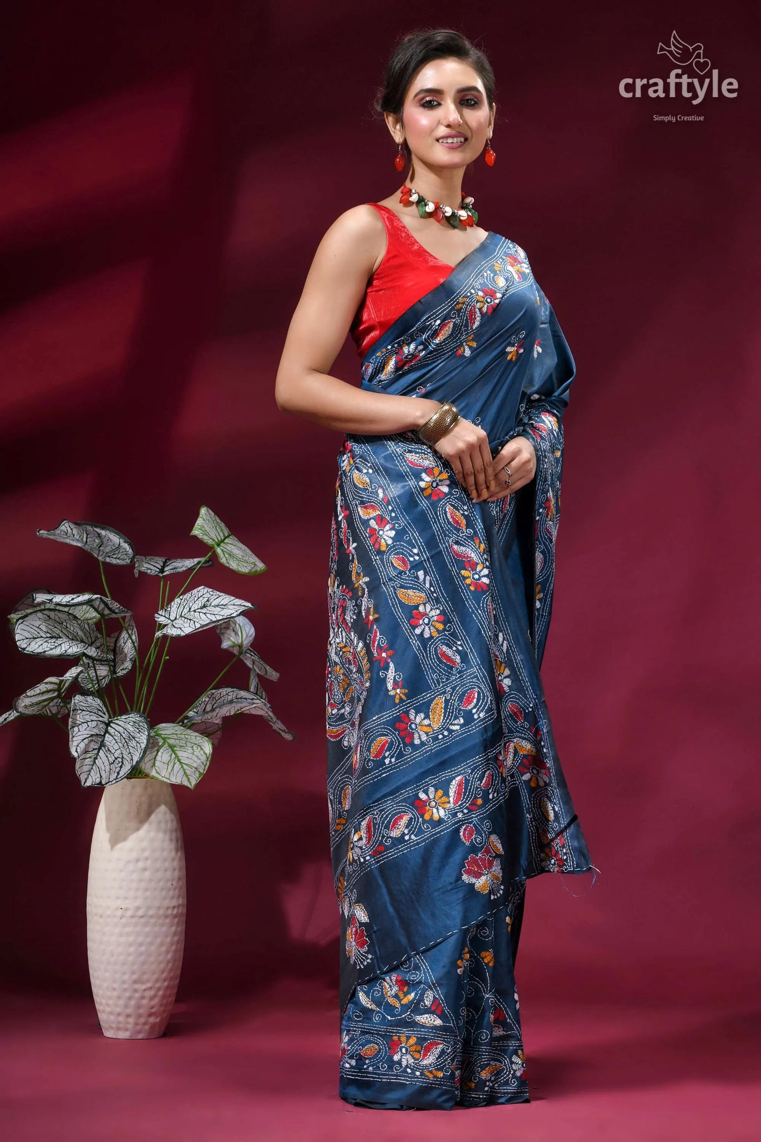 Dusky blue multi-thread elegant kantha stitch silk sari woman wears navy blue saree 4