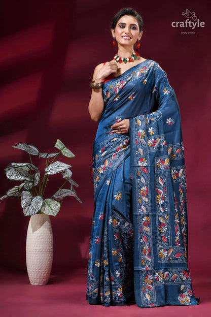 Dusky blue multi-thread elegant kantha stitch silk sari deep blue silk saree adorned 7