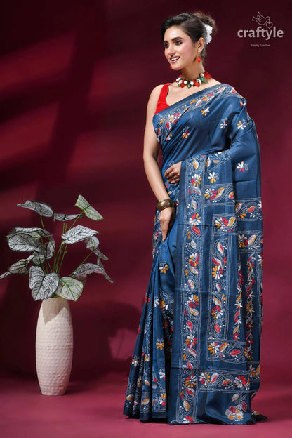 Dusky blue multi-thread elegant kantha stitch silk sari navy blue hand-embroidered saree intricate 3