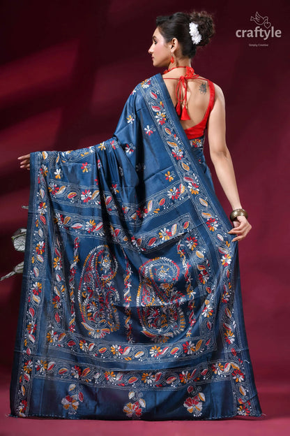 Dusky blue multi-thread elegant kantha stitch silk sari deep blue silk saree adorned 6