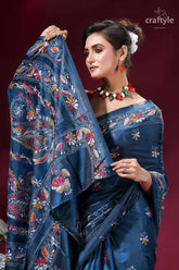 Dusky blue multi-thread elegant kantha stitch silk sari navy blue silk saree adorned 2