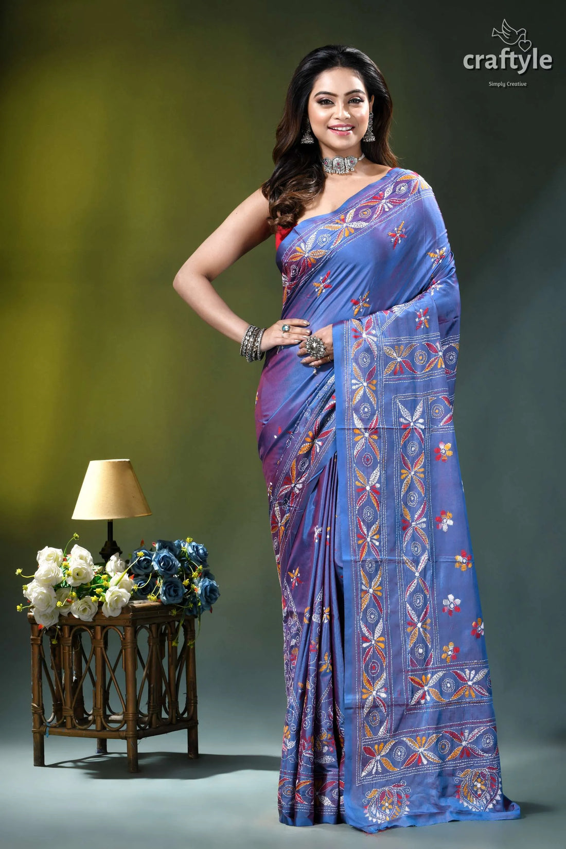 Dusky blue multi-thread ethnic silk kantha stitch saree woman wears blue silk saree 1