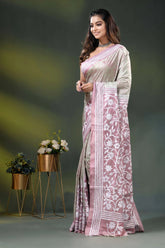 Dusty pink floral design handcrafted batik silk kantha stitch saree 3