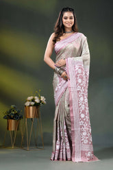 Dusty pink floral design handcrafted batik silk kantha stitch saree 1
